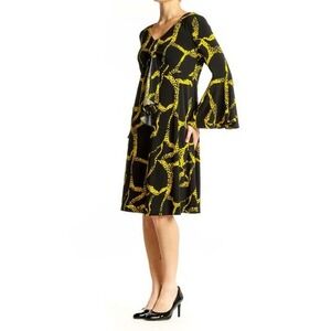 NWT VICKY TIEL Black Yellow Giraffe Print Tie Accent Flared Sleeve‎ Dress Large